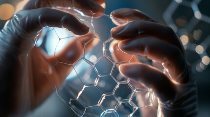 Futuristic Nano Technology Concept, Shimmering nanoparticles with hand, high-tech feel.
