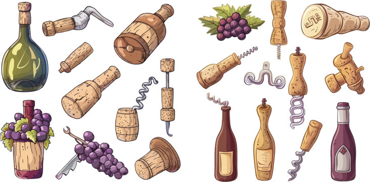 Different types bungs for bottles, champagne cork with corkscrew isolated vector illustration set