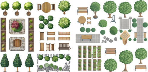 City landscape items top view. Stone, wooden fences for outside plan