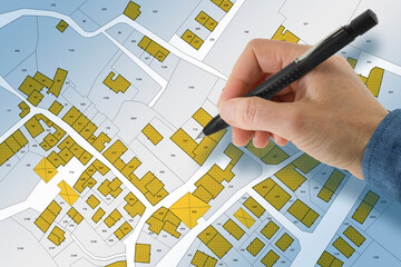 Imaginary cadastral map with buildings, land parcel and vacant plot - Land records and property registry concept with cadastre documentation and ownership parcel identification