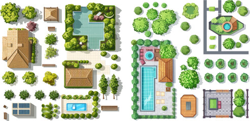 Outdoor city top view trees, houses, roads and wooden furniture vector illustration set
