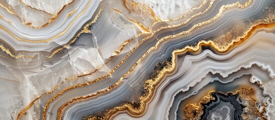 A detailed painting capturing the intricate patterns of a marble texture with luxurious gold lines,...
