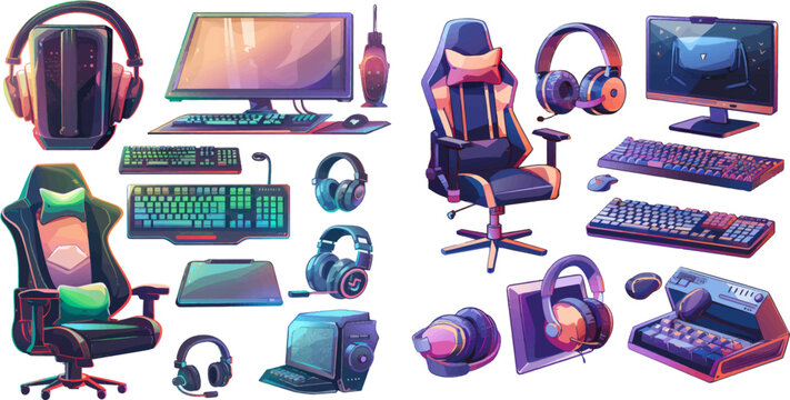 Gaming keyboard, chair and headphones. Gamer items cartoon vector set of headphones for streamer