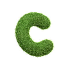 Capital letter C shaped from lush green grass, isolated on a white background. Side view. 3D render illustration