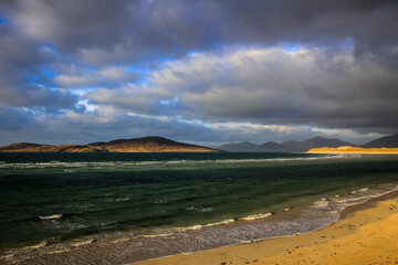 Scenic view of Luskentyre beach by low tide, Isle of Harris, Outer Hebrides, Scotland