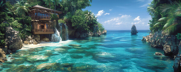 A cozy wooden house nestled amid lush greenery, overlooking the turquoise ocean with a nearby waterfall.