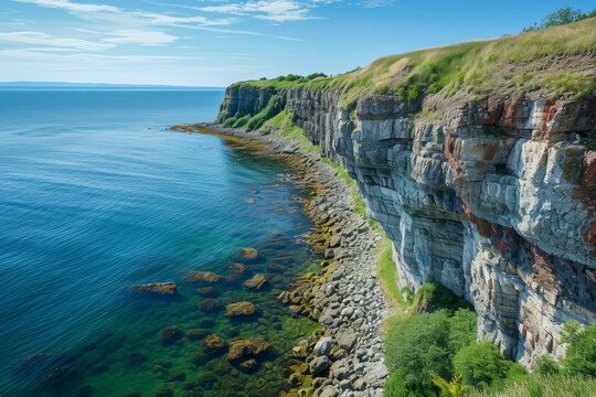 Verdant Cliffs Overlooking Deep Blue Ocean.