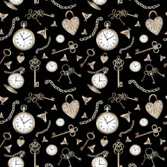 Pocket watch, keys, chain, lock, moths on a black background. Watercolor seamless pattern with vintage elements. Hand drawn retro illustration. Template for wallpaper, scrapbooking, wrapping, textile.