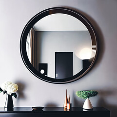 Close-up shot of a stylish round wall mirror reflecting a modern living room decor.