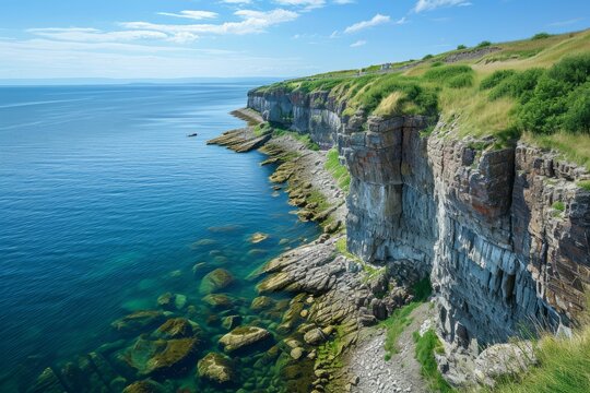 Verdant Cliffs Overlooking Deep Blue Ocean.