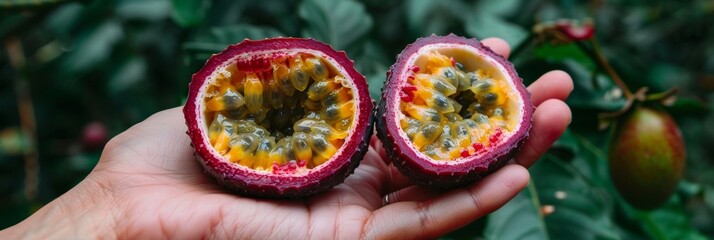 Passion fruit selection  hand holding fresh fruit with blurred background, copy space available