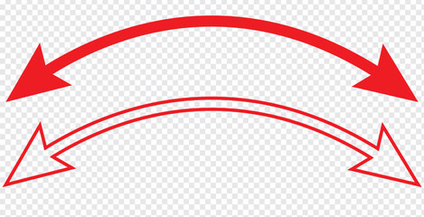Red dual semi circle arrow. Vector illustration. Semicircular curved thin long double ended arrow.