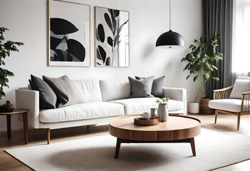 Round wood coffee table against white sofa. Scandinavian home interior design of modern living room-