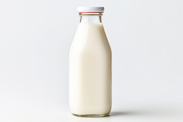 A glass bottle of fresh milk on a white tabletop. Simple and pure, perfect for breakfast.