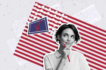 Composite photo collage of pretty lady think vote decision pencil check mark usa flag stripes stars...