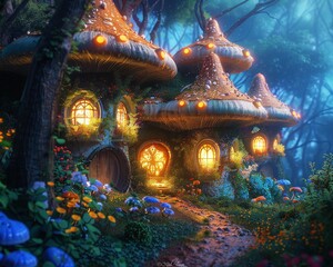 Vivid mushroom houses in fantasy village dreamy ambiance colorful flora