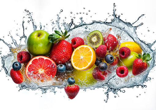 Fruit splashing in water, isolated on a white background