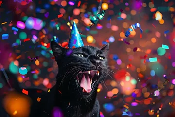 Tuinposter A cheerful black panther wearing a bright party hat, joyfully celebrating at a fancy New Year or birthday party, surrounded by vivid bokeh lights and colorful paper confetti. © RodriguezGarcia