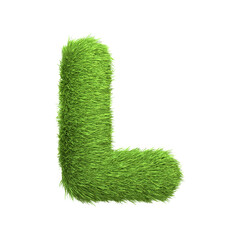 Capital letter L shaped from lush green grass, isolated on a white background. Front view. 3D render illustration