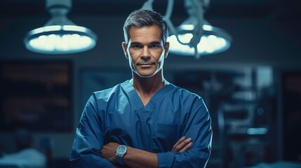 Professional photo of a portrait of a confident male surgeon standing  in front operating room background with backlighting and cinematic lighting and a dark blue color grading - obrazy, fototapety, plakaty