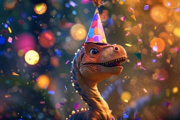 A cute, friendly dinosaur wearing a festive party hat, enjoying a fancy birthday celebration,...