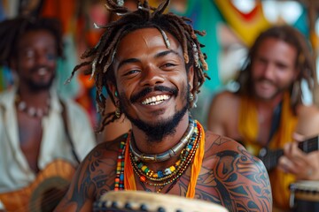 Obraz premium Man With Dreadlocks Smiles Playing Musical Instrument