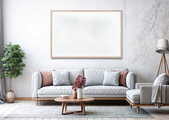 Living room interior with a white sofa, a coffee table and a picture on the wall 3d rendering mock up