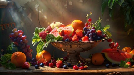 Envision a still life scene that bursts with the vibrant colors and textures of an array of fresh fruits.  - obrazy, fototapety, plakaty