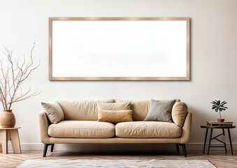 Modern living room interior with a picture frame 3d rendering mock up