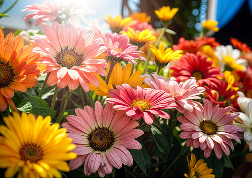 Colorful gerbera flowers blooming in the garden, stock photo