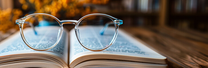Glasses resting on an open book with a cozy home background. Love for  literature and reading concept. Banner for World Book Day event with copy space.  