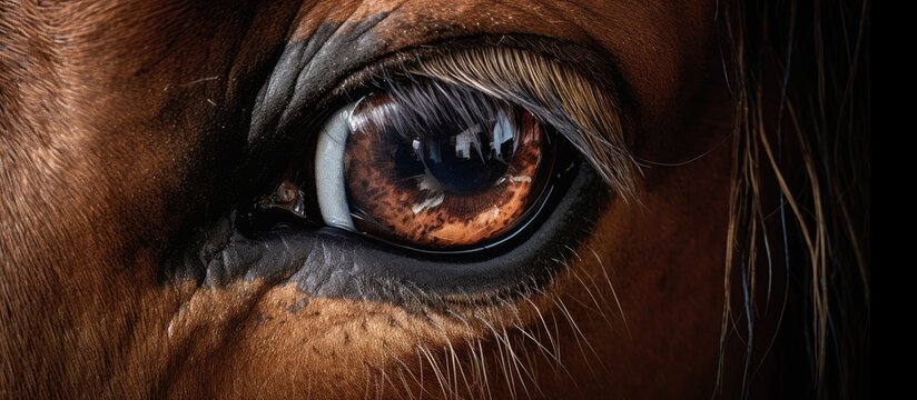 A detailed closeup of a horses eye against a black background. The image captures the intricate details of the eyelash, emphasizing the beauty of this working animals head