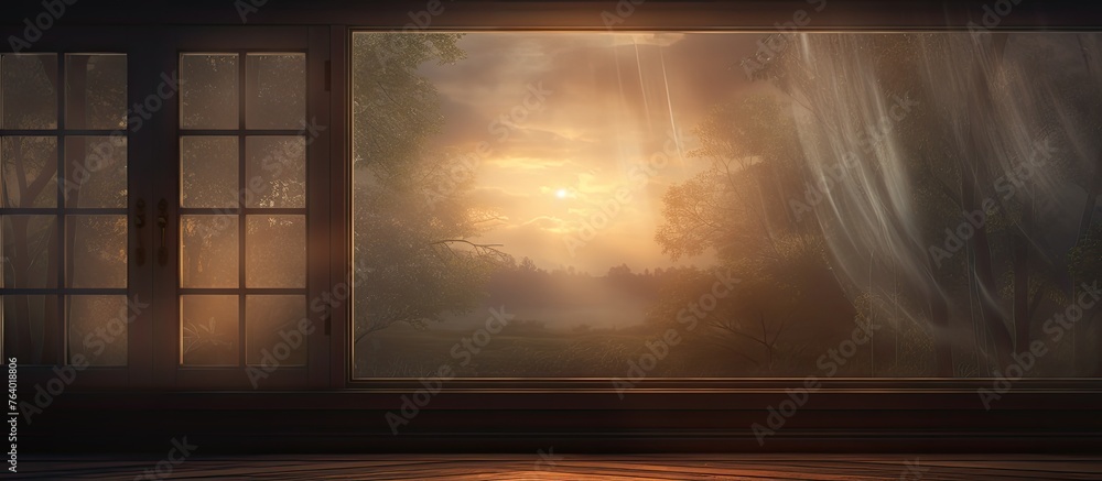 Aufkleber an image capturing the view from a window as the sun sets in the background