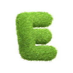 Capital letter E shaped from lush green grass, isolated on a white background. Side view. 3D render illustration