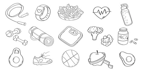 Weight loss, fitness and healthy lifestyle outline illustrations. Vector set of cute elements in doodle style isolated on white background. - obrazy, fototapety, plakaty