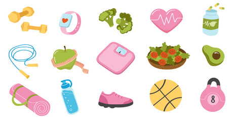 Weight loss set. Cute vector elements. Fitness and healthy lifestyle icons collection.