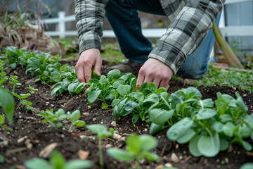 A person planting and tending to a backyard garden for a community-supported agriculture (CSA) side hustle.