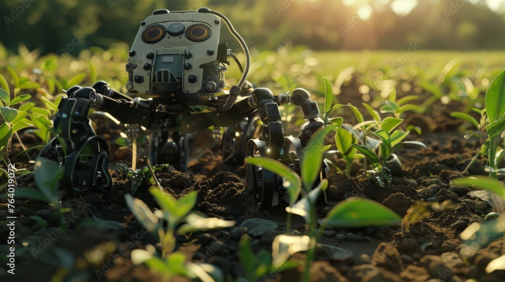 Poster modern robot standing in field
