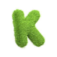 Capital letter K shaped from lush green grass, isolated on a white background. Side view. 3D render illustration