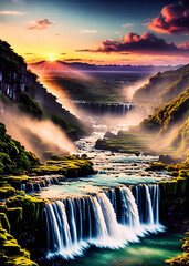 Fantasy landscape with waterfall at sunset - 764019065