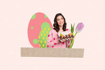 Composite collage image of charming young girl hold dozen chocolate eggs celebrate easter...