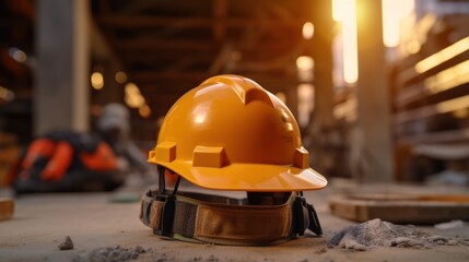 helmet in construction site and construction site worker background - obrazy, fototapety, plakaty