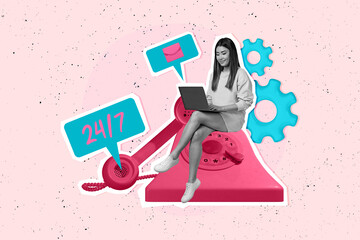 Composite photo collage of happy girl type macbook work operator telemarketing call telephone call center isolated on painted background - obrazy, fototapety, plakaty