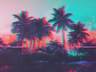 Fototapeta na wymiar Retro style with a neon-lit tropical landscape. This features a vivid, neon-infused depiction of tropical trees, tropical scenery, or retro-futuristic concepts. AI