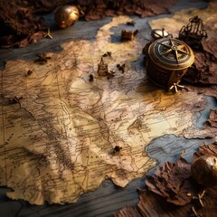 Craft a closeup image of weathered pirate maps scattered on a weatherbeaten wooden table,...