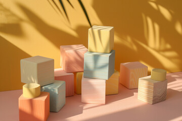 Wooden blocks exhibit a variety of colors, with a minimalistic Japanese style and hand-painted details.