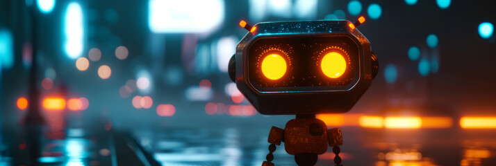 A dark orange and dark bronze robot animation, with shiny eyes, exhibits a dark and brooding design. - obrazy, fototapety, plakaty
