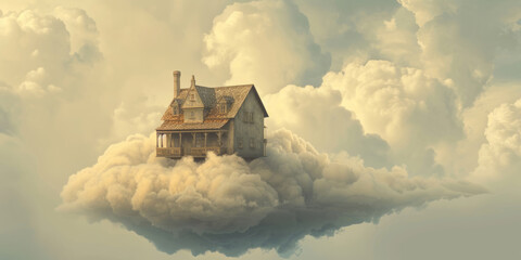 A house on a cloud, styled in light gray and beige, showcases fantasy illustration, minimalistic compositions, domesticity, and primitivist elements.