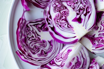 Obraz premium Close-up shot of freshly sliced purple cabbage arranged on a white ceramic plate
