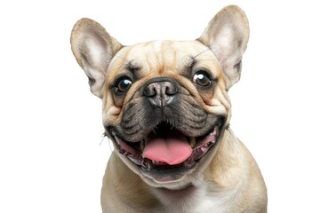 Cute dog French bulldog close-up happy muzzle, isolated on white background, studio shot, funny animal